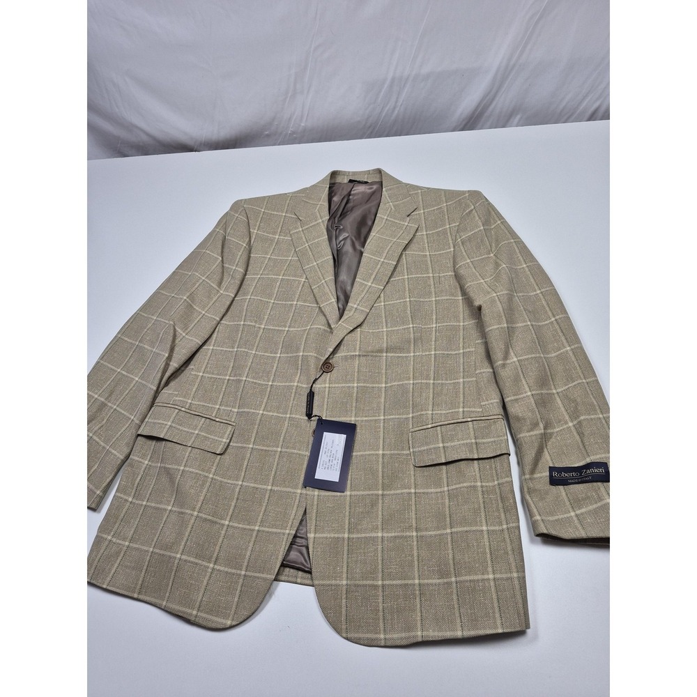 Roberto Zanieri Blazer Mens 44R Beige Wool Linen Plaid Italy Sport Coat NWT